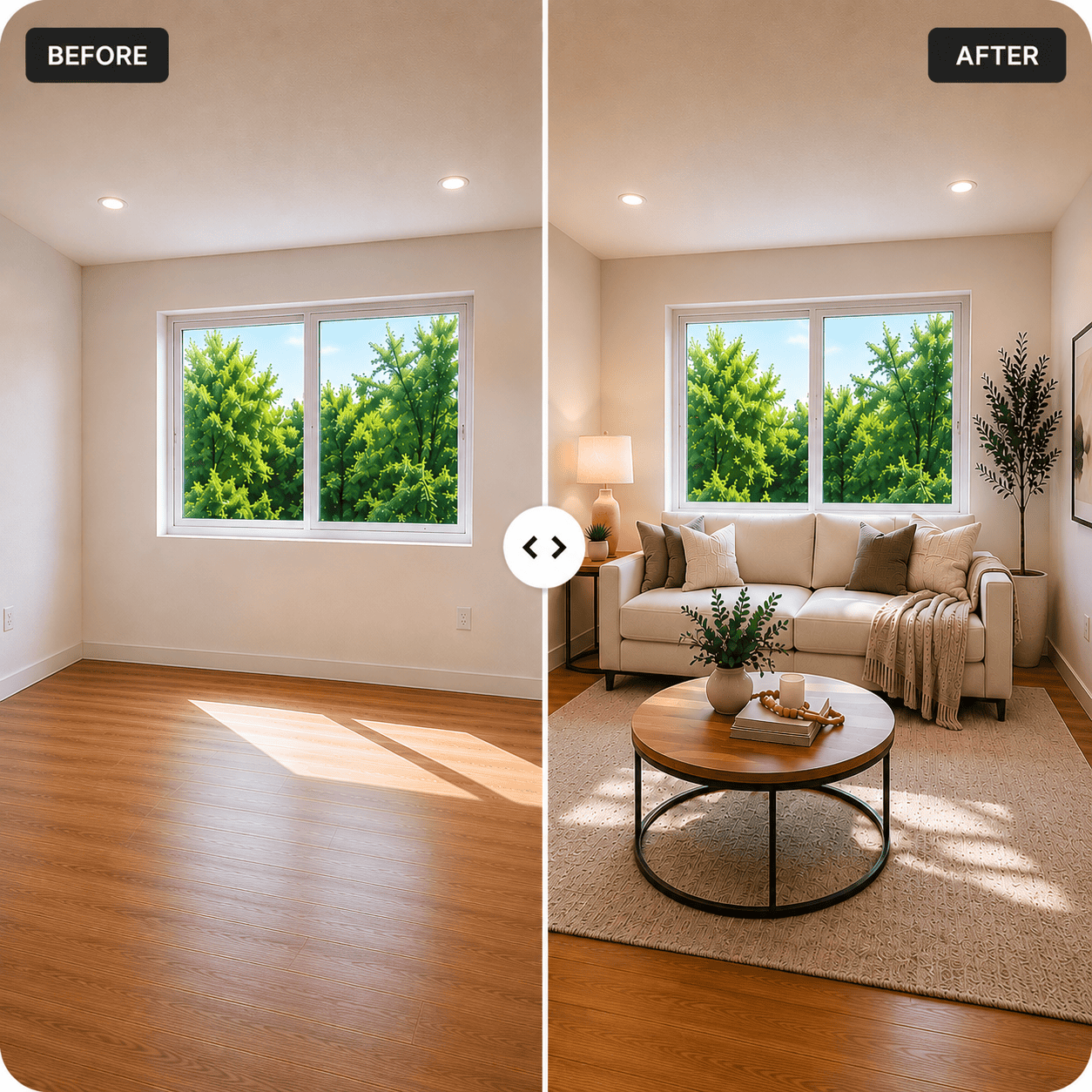 Before and after AI virtual staging of an empty living room transformed into a beautifully furnished space
